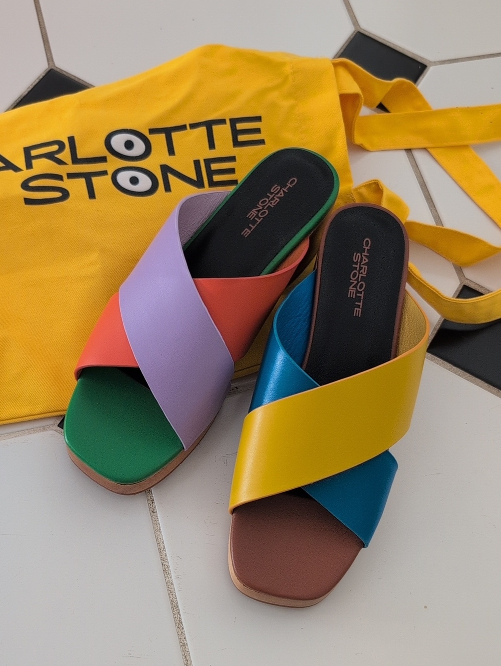 Charlotte Stone Multicolor Leather Crisscross Slide Mules